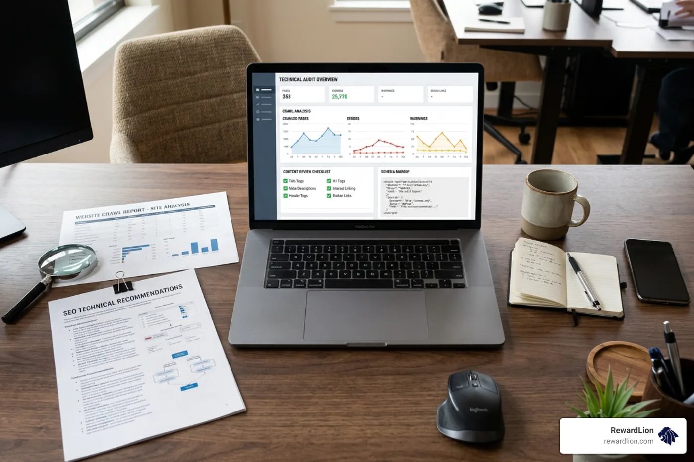 Technical SEO audit process showing crawl analysis content review and schema correction Technical SEO audit process showing crawl analysis content review and schema correction
