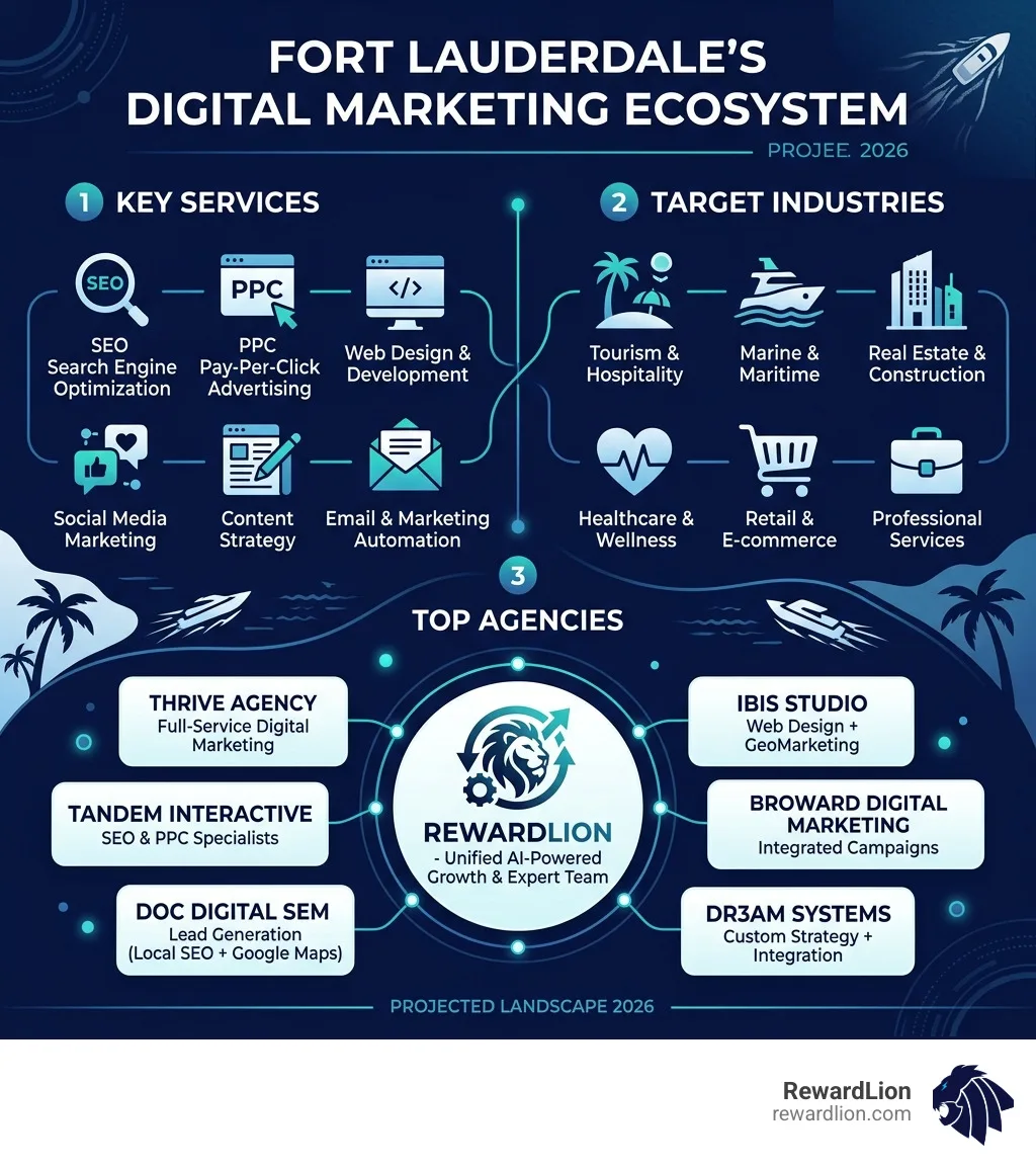 Infographic showing Fort Lauderdale digital marketing ecosystem with key services, industries, and top agencies - digital Infographic showing Fort Lauderdale digital marketing ecosystem with key services, industries, and top agencies - digital
