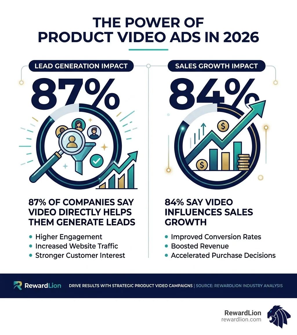Infographic showing 87% lead generation and 84% sales growth impact of product video ads - product advertisement video Infographic showing 87% lead generation and 84% sales growth impact of product video ads - product advertisement video