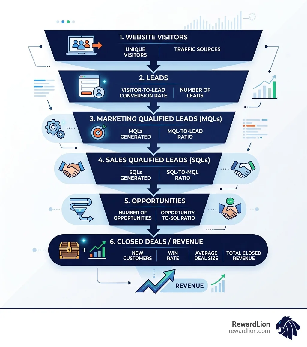 Lead generation funnel infographic from website visitor to closed revenue with key metrics at each stage - lead generation Lead generation funnel infographic from website visitor to closed revenue with key metrics at each stage - lead generation