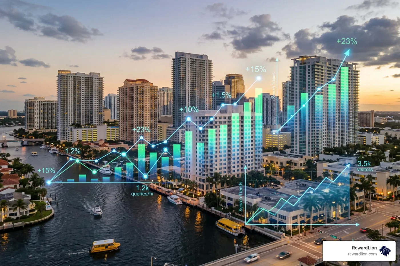 Fort Lauderdale skyline with digital growth overlays showing local search traffic Fort Lauderdale skyline with digital growth overlays showing local search traffic