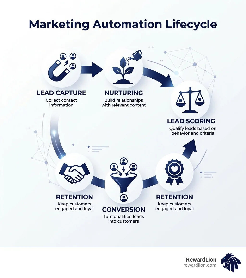 Marketing automation lifecycle infographic showing lead capture, nurturing, scoring, conversion, and retention stages Marketing automation lifecycle infographic showing lead capture, nurturing, scoring, conversion, and retention stages