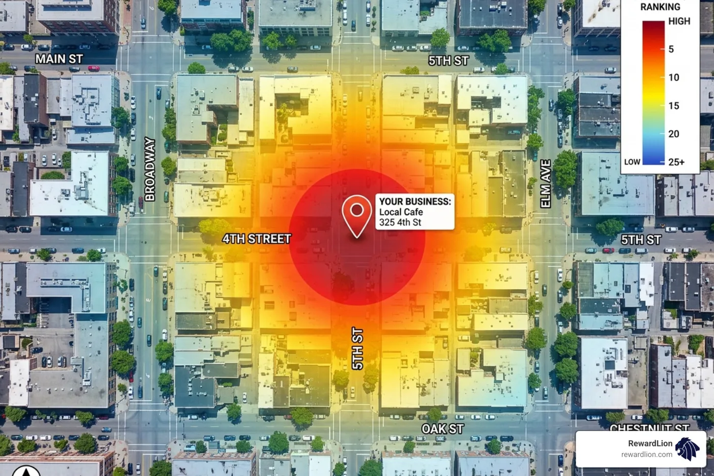 Heatmap showing local search rankings for a business across several city blocks - local marketing automation software Heatmap showing local search rankings for a business across several city blocks - local marketing automation software