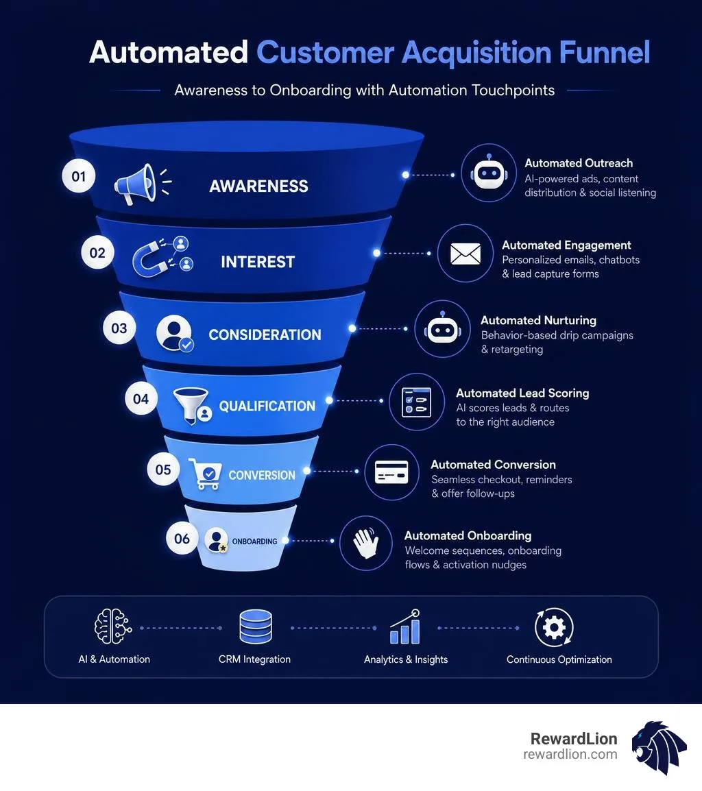 Automated customer acquisition funnel: Awareness to Onboarding with automation touchpoints at each stage infographic Automated customer acquisition funnel: Awareness to Onboarding with automation touchpoints at each stage infographic