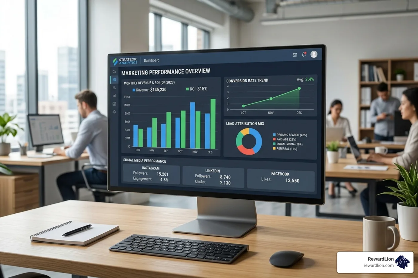 Digital marketing analytics dashboard showing conversion rates and lead attribution - social media marketing agency fort Digital marketing analytics dashboard showing conversion rates and lead attribution - social media marketing agency fort