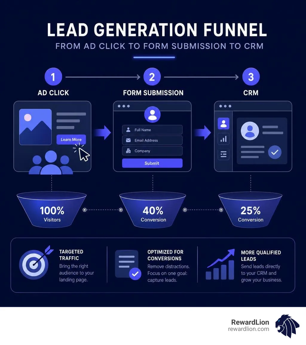 Lead generation funnel from ad click to form submission to CRM with conversion rate stages infographic Lead generation funnel from ad click to form submission to CRM with conversion rate stages infographic