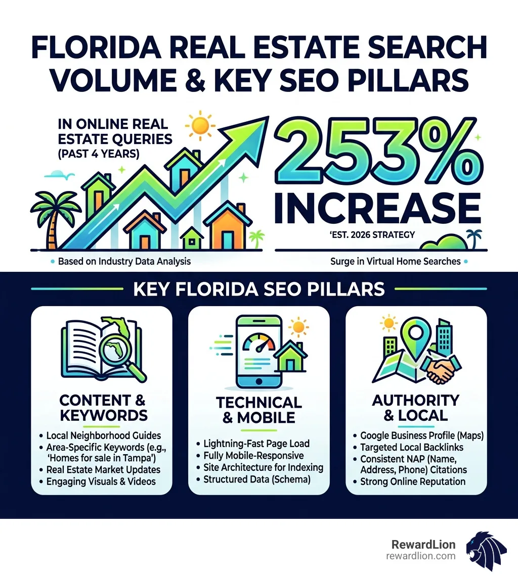 Infographic showing 253% increase in real estate search volume and key Florida SEO pillars - SEO for real estate Florida Infographic showing 253% increase in real estate search volume and key Florida SEO pillars - SEO for real estate Florida