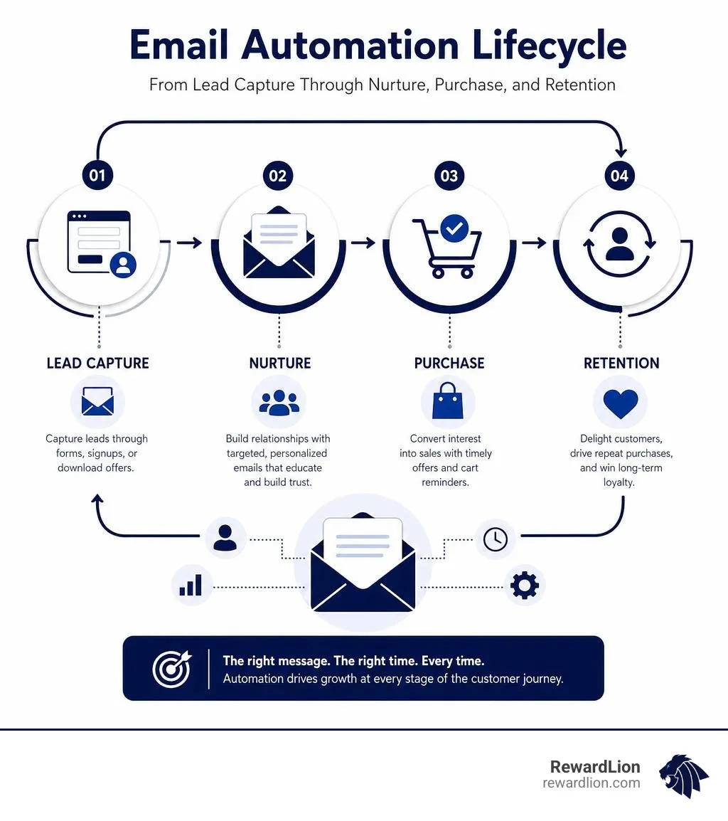 Email automation lifecycle from lead capture through nurture, purchase, and retention infographic Email automation lifecycle from lead capture through nurture, purchase, and retention infographic