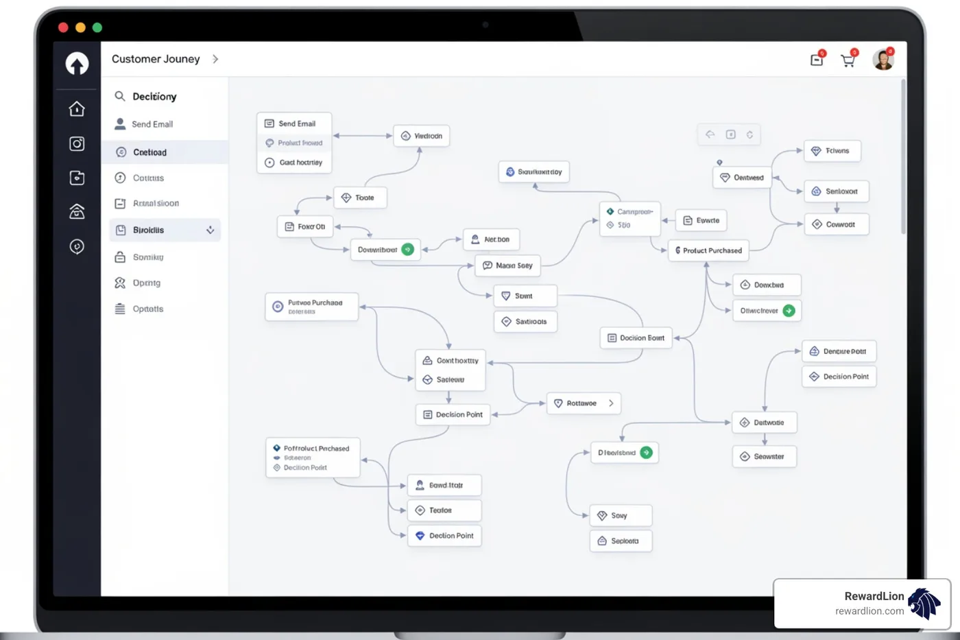 A visual drag-and-drop journey builder showing a complex customer path A visual drag-and-drop journey builder showing a complex customer path