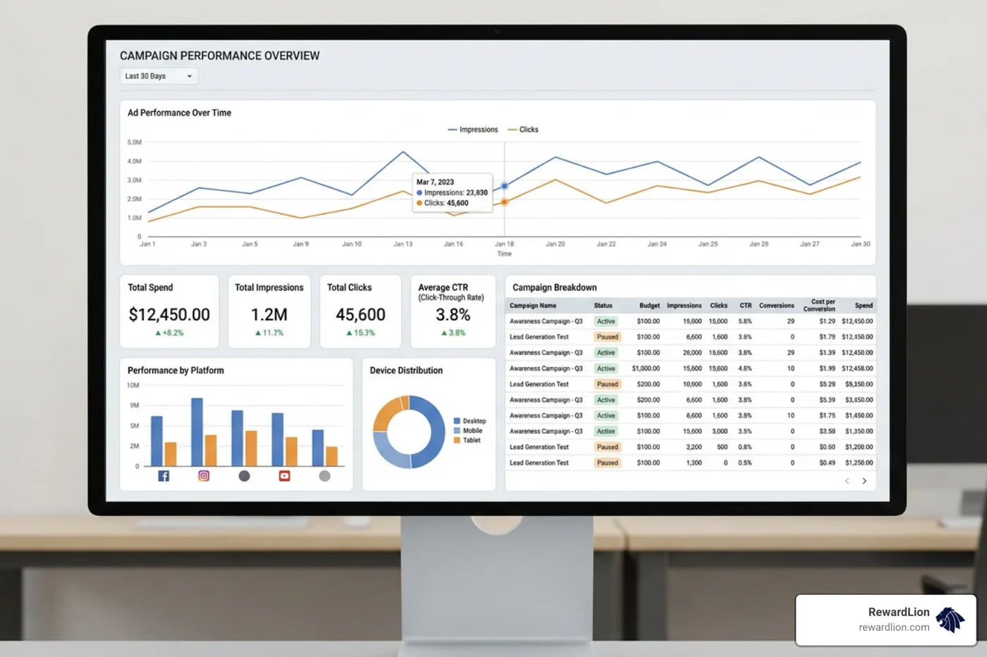 digital marketing campaign dashboard showing social media ad performance digital marketing campaign dashboard showing social media ad performance