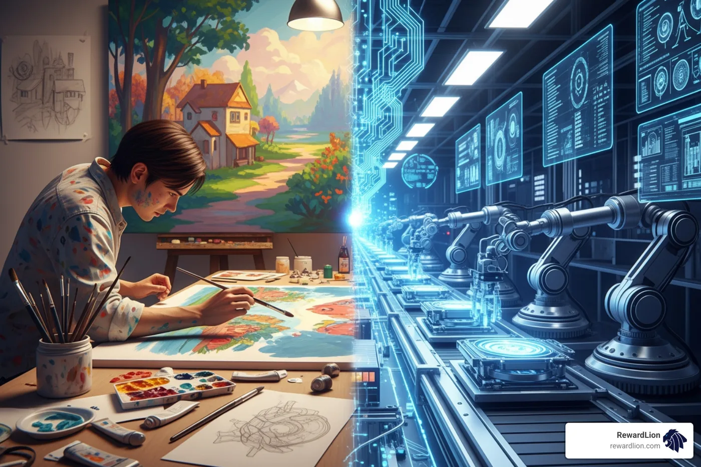 A graphic illustrating the synergy between human creativity and AI automation in content production A graphic illustrating the synergy between human creativity and AI automation in content production