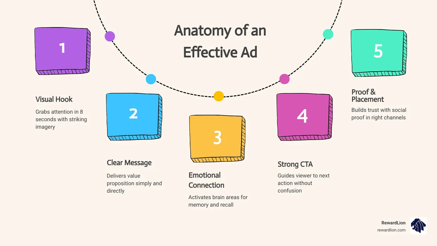 Infographic showing the anatomy of an effective ad: hook, message, emotion, CTA, placement, and proof - what makes an ad Infographic showing the anatomy of an effective ad: hook, message, emotion, CTA, placement, and proof - what makes an ad