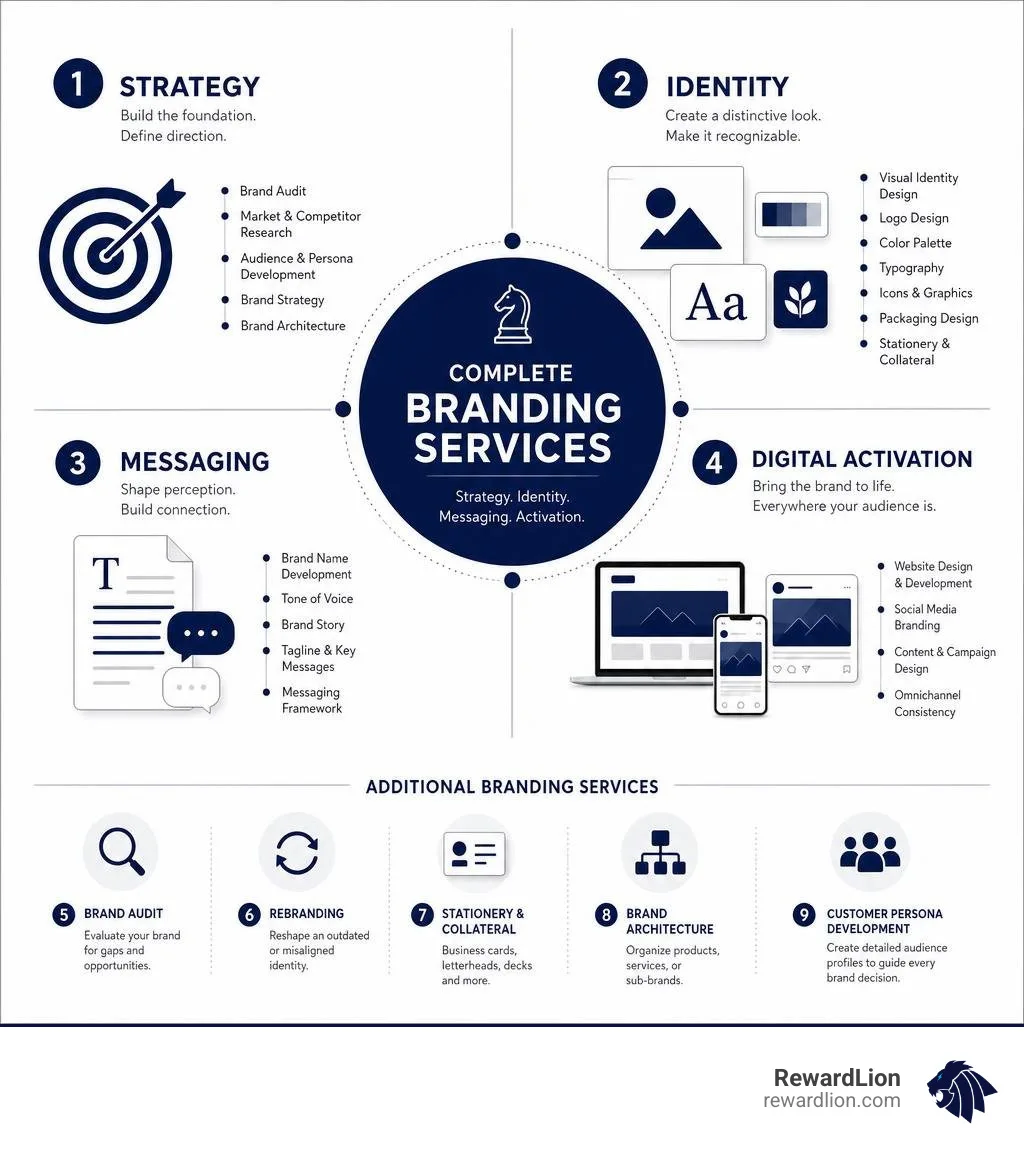 overview infographic of complete branding services list with strategy, identity, messaging, digital activation infographic overview infographic of complete branding services list with strategy, identity, messaging, digital activation infographic