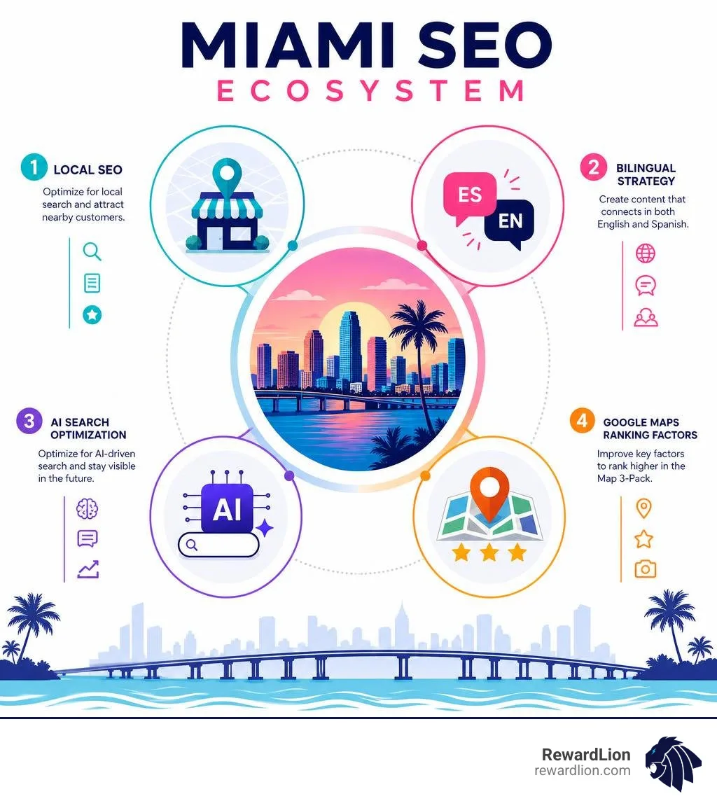 Miami SEO ecosystem infographic showing local SEO, bilingual strategy, AI search, and Google Maps ranking factors infographic Miami SEO ecosystem infographic showing local SEO, bilingual strategy, AI search, and Google Maps ranking factors infographic