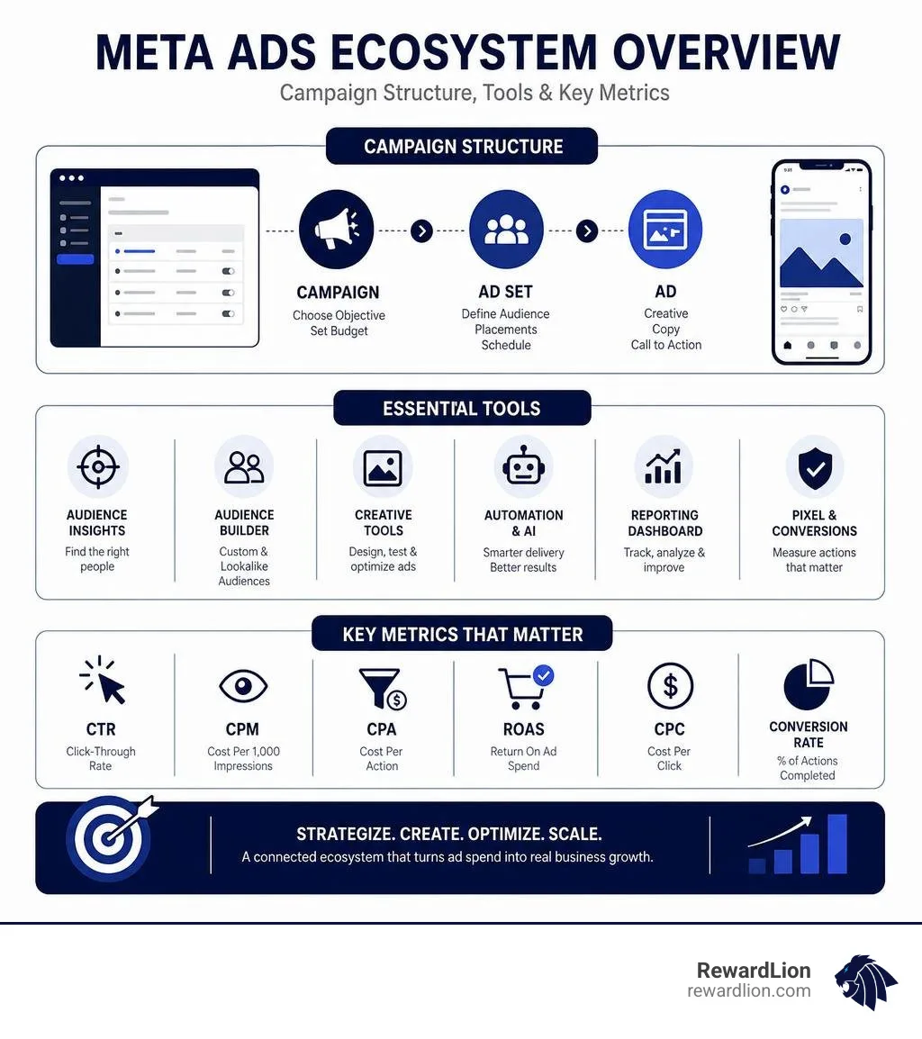 Meta Ads ecosystem overview infographic showing campaign structure, tools, and key metrics infographic Meta Ads ecosystem overview infographic showing campaign structure, tools, and key metrics infographic