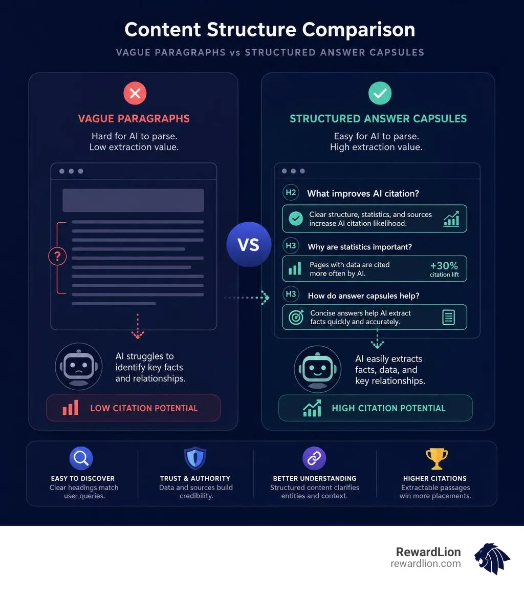 Content structure comparison: vague paragraphs vs structured answer capsules with statistics infographic Content structure comparison: vague paragraphs vs structured answer capsules with statistics infographic