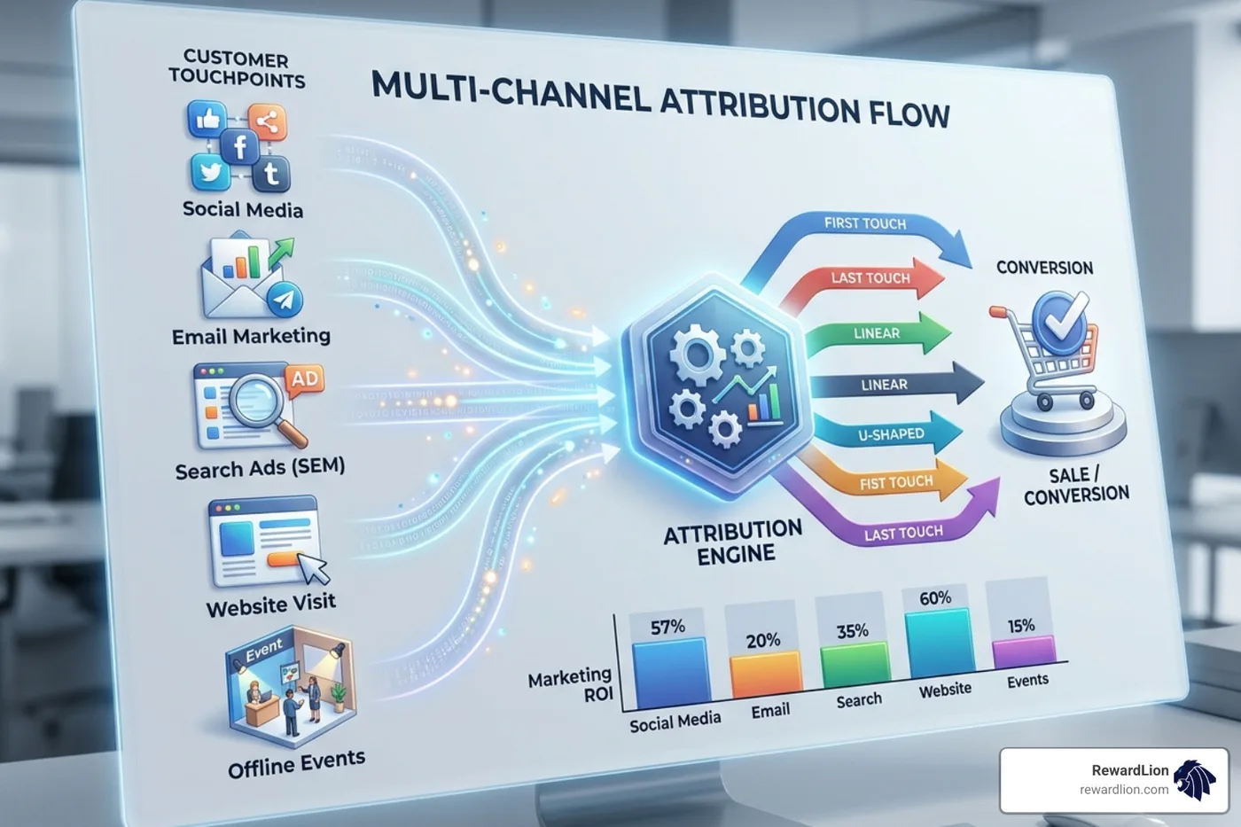Multi-channel attribution flow showing customer touchpoints leading to conversion - analytics platform for marketing Multi-channel attribution flow showing customer touchpoints leading to conversion - analytics platform for marketing