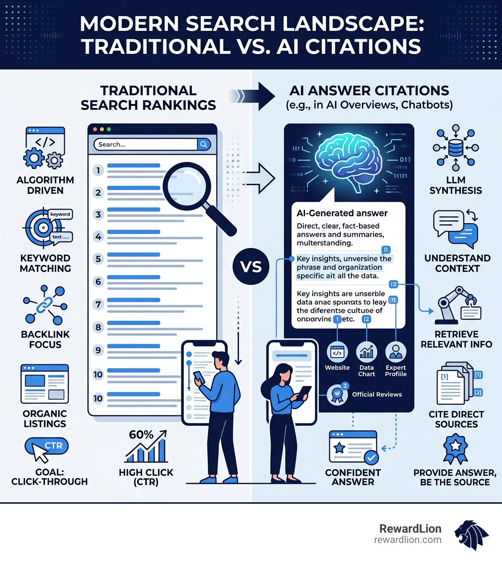 Infographic showing traditional search rankings compared with AI answer citations infographic Infographic showing traditional search rankings compared with AI answer citations infographic