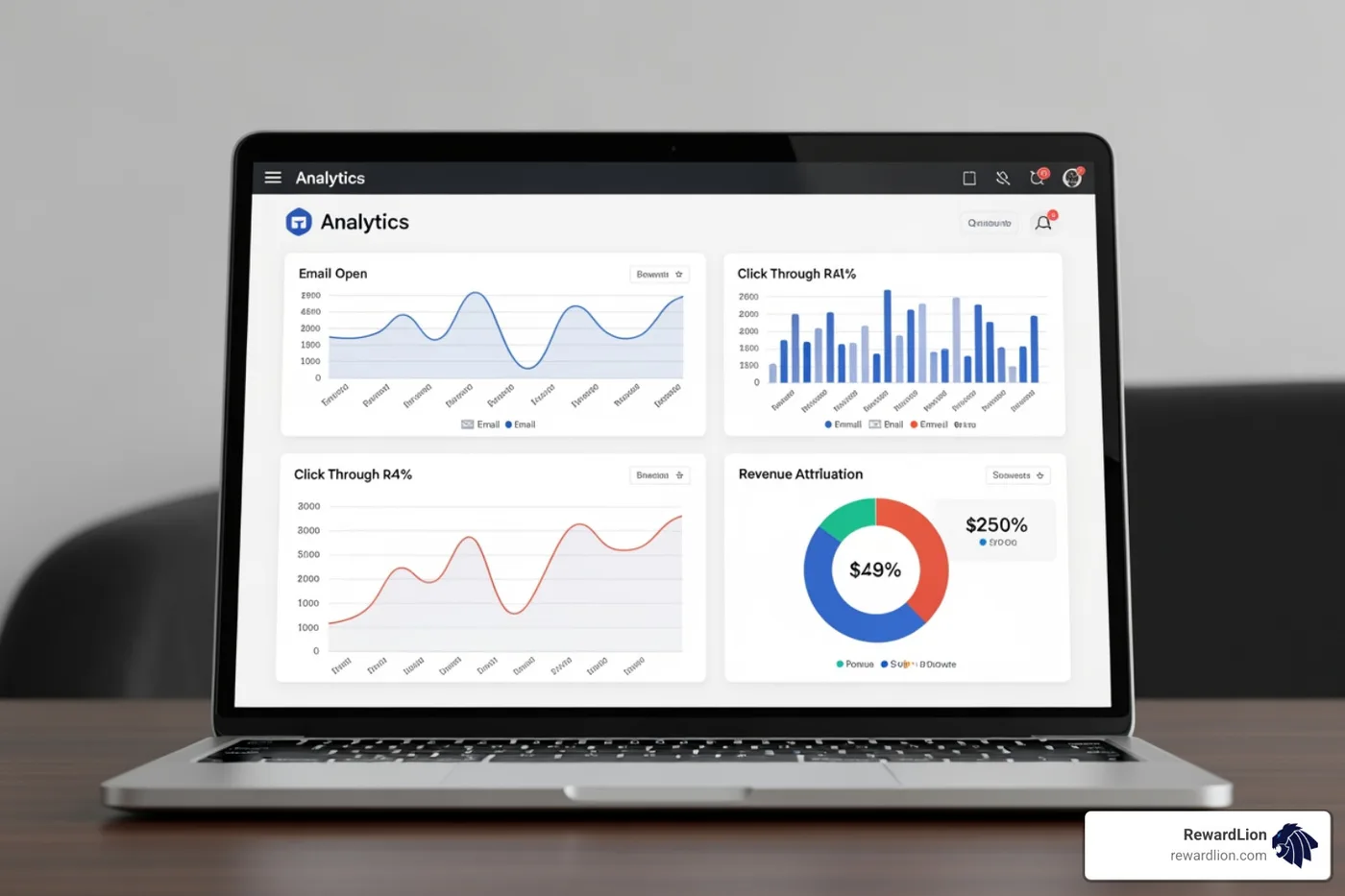 Analytics dashboard showcasing email open rates, click-through rates, and revenue attribution Analytics dashboard showcasing email open rates, click-through rates, and revenue attribution