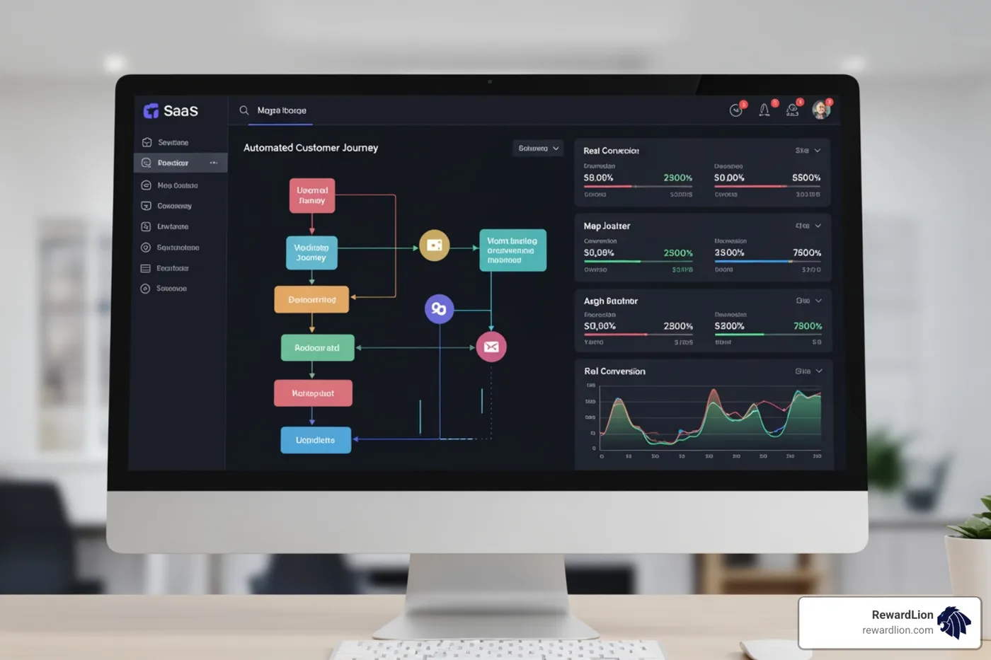 A dashboard showing automated customer journeys and real-time conversion metrics A dashboard showing automated customer journeys and real-time conversion metrics