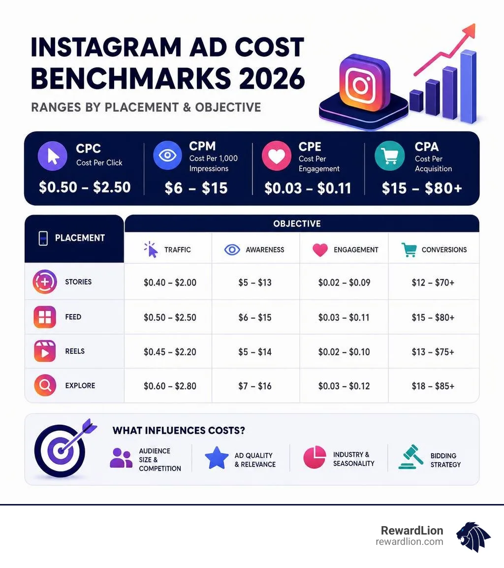 Instagram ad cost benchmarks 2026 showing CPC, CPM, CPE, CPA ranges by placement and objective infographic Instagram ad cost benchmarks 2026 showing CPC, CPM, CPE, CPA ranges by placement and objective infographic