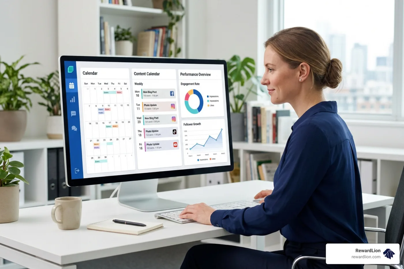 A unified social media dashboard displaying schedules and performance analytics A unified social media dashboard displaying schedules and performance analytics