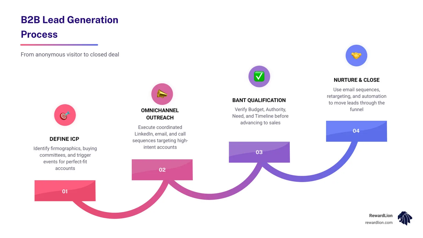 B2B lead generation process infographic: ICP definition, omnichannel outreach, BANT qualification, nurture, close infographic B2B lead generation process infographic: ICP definition, omnichannel outreach, BANT qualification, nurture, close infographic