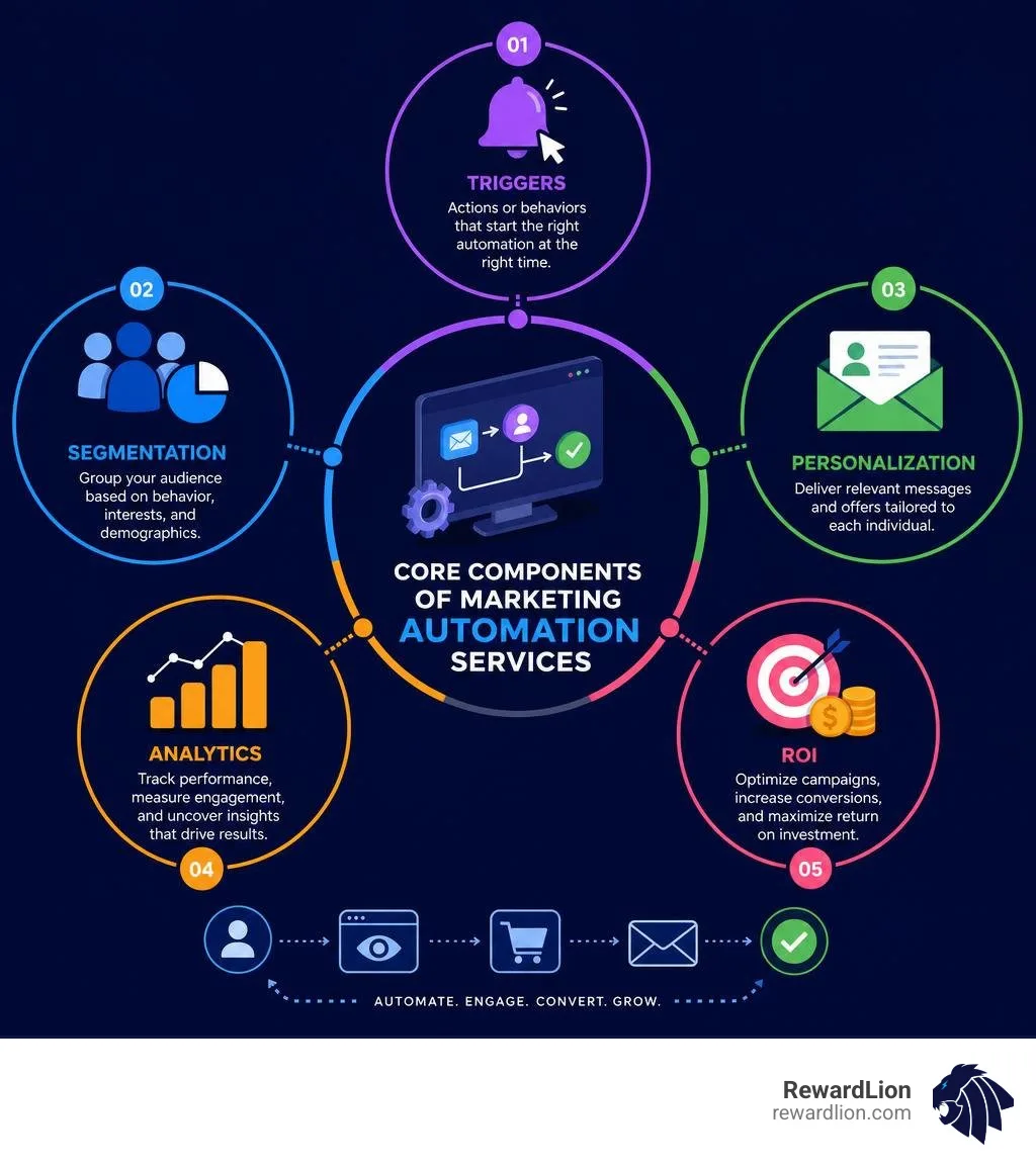 Core components of marketing automation services infographic: triggers, segmentation, personalization, analytics, ROI Core components of marketing automation services infographic: triggers, segmentation, personalization, analytics, ROI