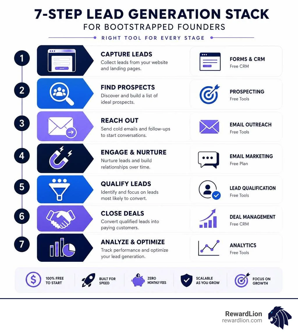 7-step lead generation stack for bootstrapped founders with tools for each stage infographic 7-step lead generation stack for bootstrapped founders with tools for each stage infographic