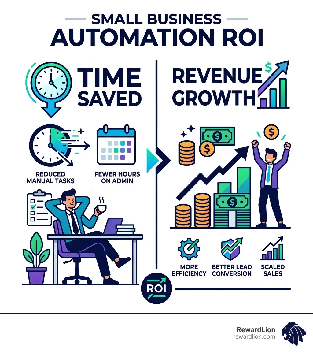 Small business automation ROI infographic: time saved vs revenue growth - small business automation software infographic Small business automation ROI infographic: time saved vs revenue growth - small business automation software infographic