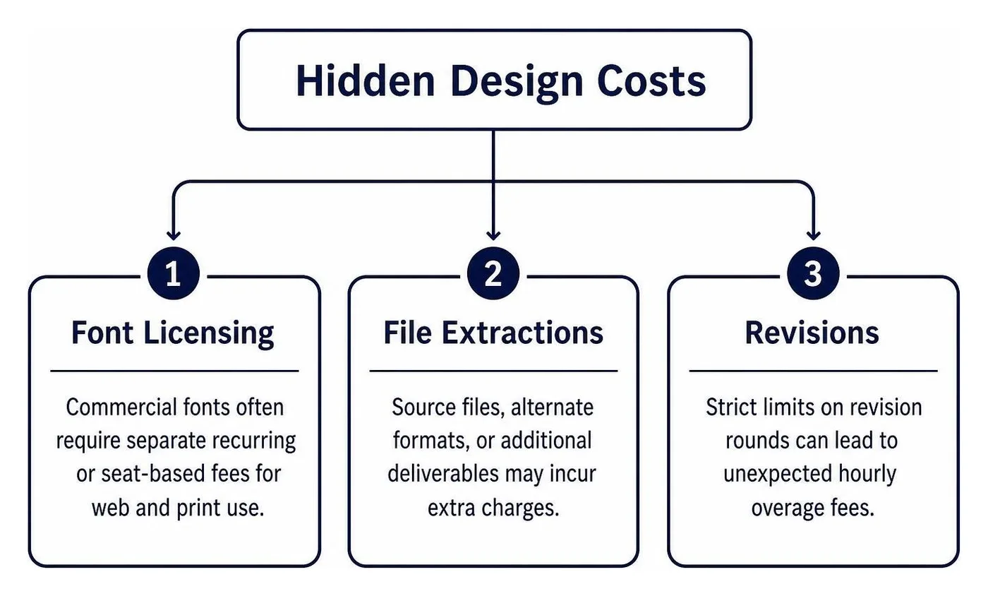 Flowchart showing hidden design costs including font licensing, file extractions, and revisions Flowchart showing hidden design costs including font licensing, file extractions, and revisions