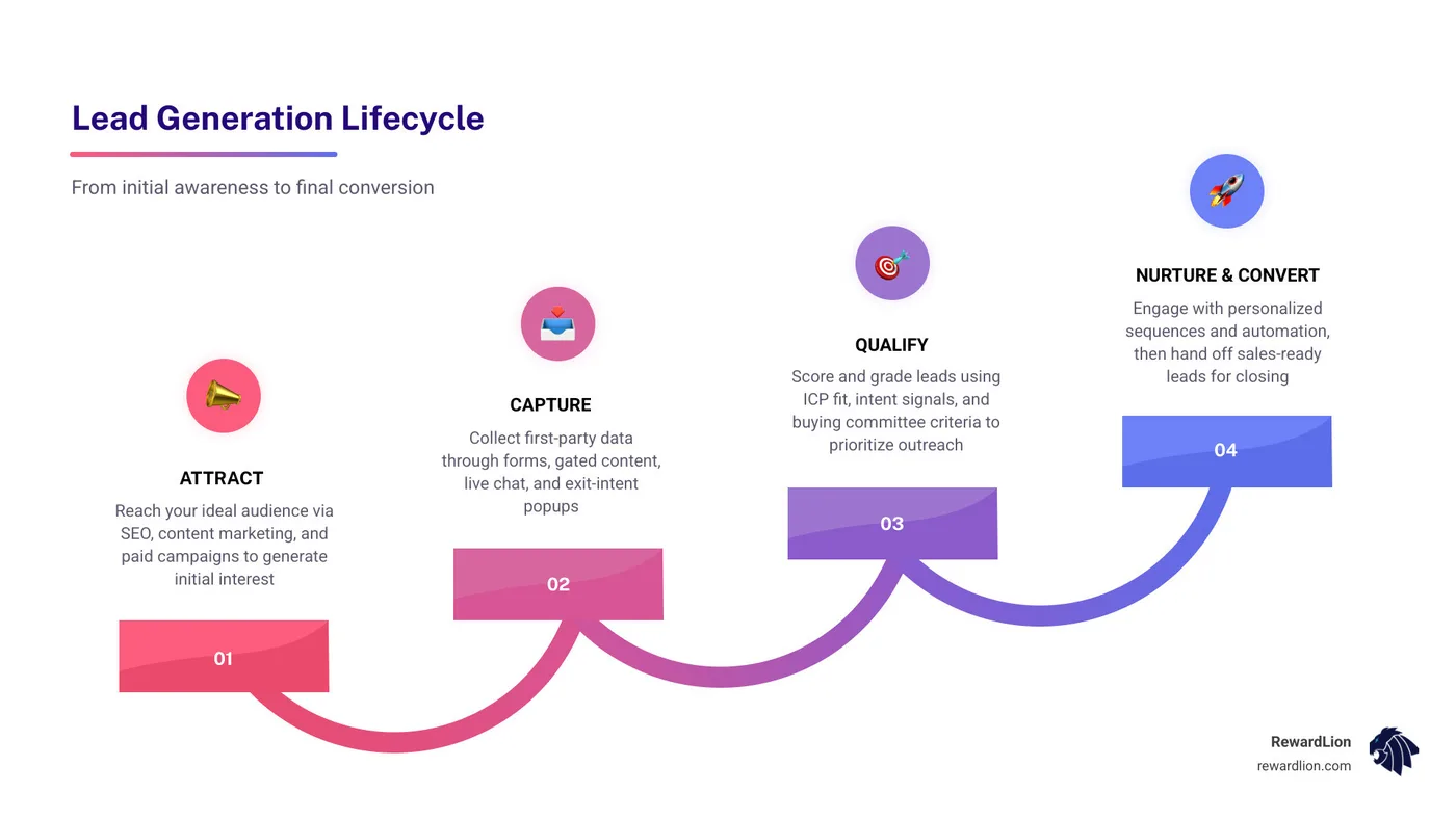 Lead generation lifecycle infographic from awareness to conversion with stages: attract, capture, qualify, nurture, convert Lead generation lifecycle infographic from awareness to conversion with stages: attract, capture, qualify, nurture, convert