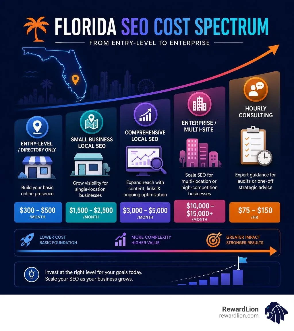 Florida SEO cost spectrum infographic from entry-level to enterprise pricing tiers infographic Florida SEO cost spectrum infographic from entry-level to enterprise pricing tiers infographic