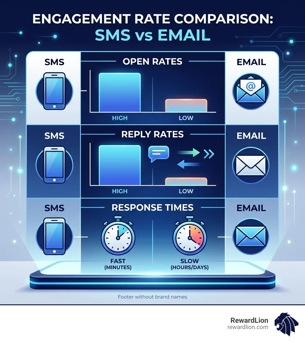 SMS vs email engagement rate comparison infographic showing open rates, reply rates, and response times - sms automation SMS vs email engagement rate comparison infographic showing open rates, reply rates, and response times - sms automation