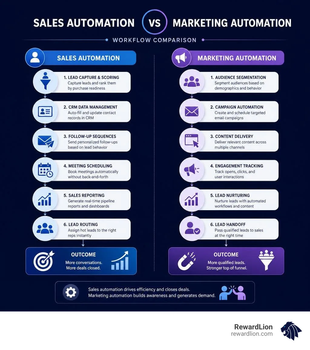 Sales automation vs marketing automation workflow comparison infographic infographic Sales automation vs marketing automation workflow comparison infographic infographic