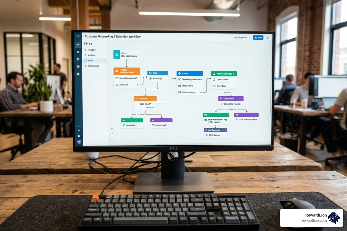 Visual drag-and-drop automation builder showing a complex customer journey workflow - online marketing automation software Visual drag-and-drop automation builder showing a complex customer journey workflow - online marketing automation software