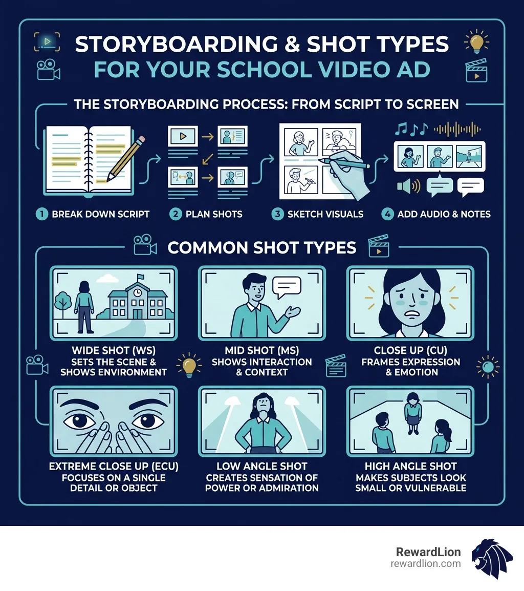 Infographic explaining the storyboarding process and shot types - how to make an advertisement video for a school project Infographic explaining the storyboarding process and shot types - how to make an advertisement video for a school project