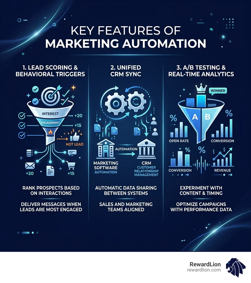 Infographic: Key features of marketing automation including lead scoring, CRM sync, and analytics - digital marketing Infographic: Key features of marketing automation including lead scoring, CRM sync, and analytics - digital marketing