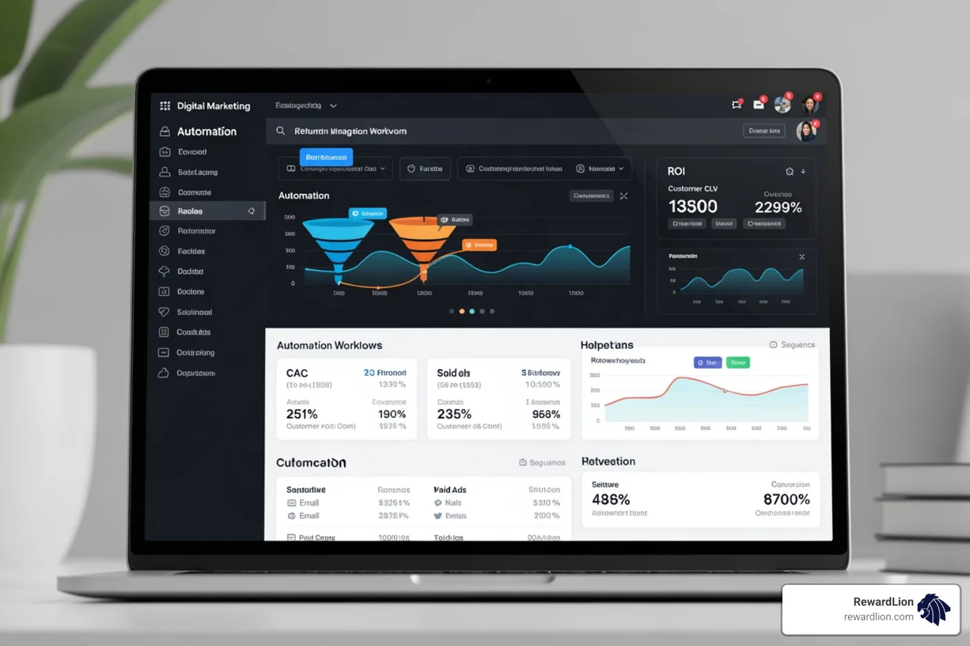 digital marketing dashboard showing automation workflows and ROI metrics digital marketing dashboard showing automation workflows and ROI metrics