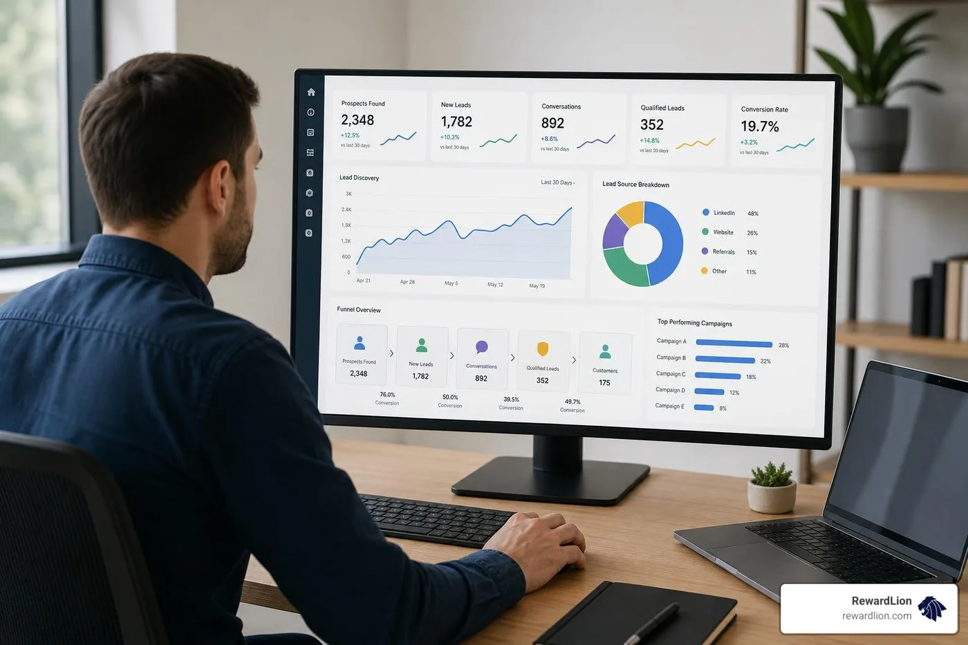 Automated lead generation dashboard visualizing prospect discovery and conversion metrics Automated lead generation dashboard visualizing prospect discovery and conversion metrics