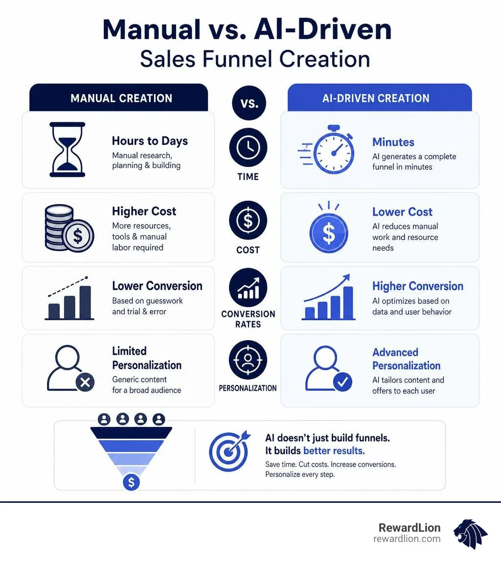Infographic comparing manual vs AI-driven sales funnel creation: time, cost, conversion rates, and personalization Infographic comparing manual vs AI-driven sales funnel creation: time, cost, conversion rates, and personalization