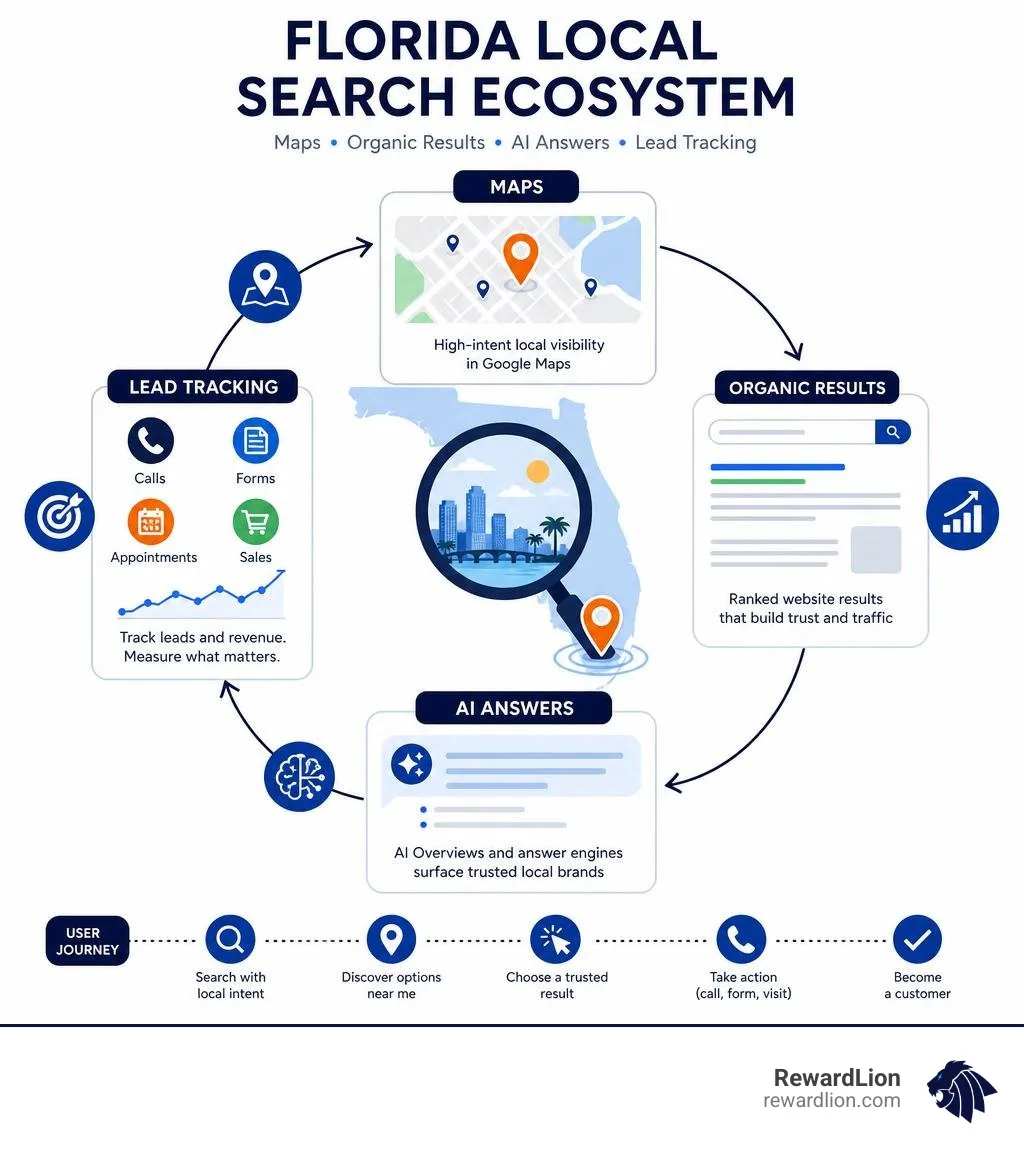 Florida local search ecosystem showing Maps organic results AI answers and lead tracking infographic Florida local search ecosystem showing Maps organic results AI answers and lead tracking infographic