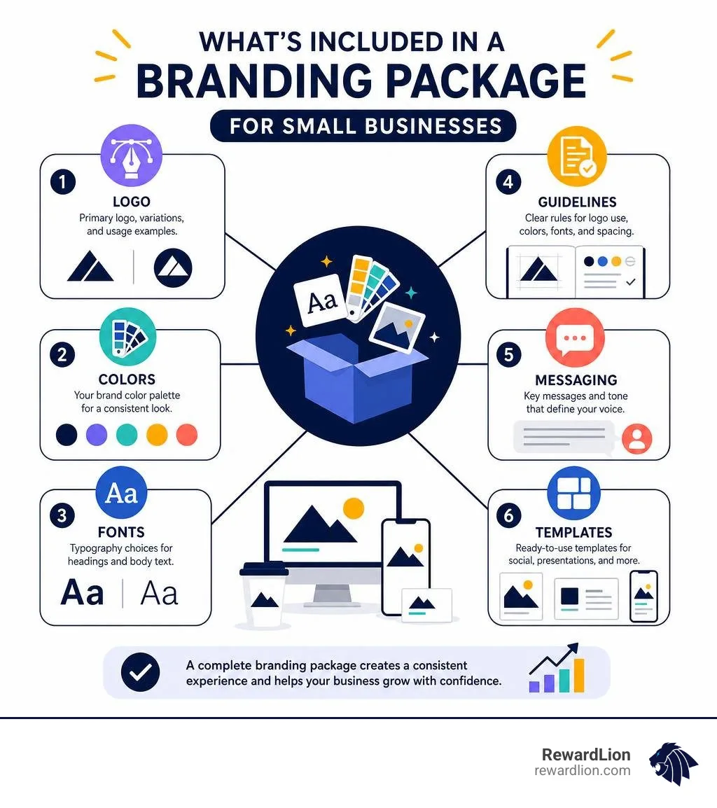 Infographic showing logo, colors, fonts, guidelines, messaging, and templates in a branding package infographic Infographic showing logo, colors, fonts, guidelines, messaging, and templates in a branding package infographic