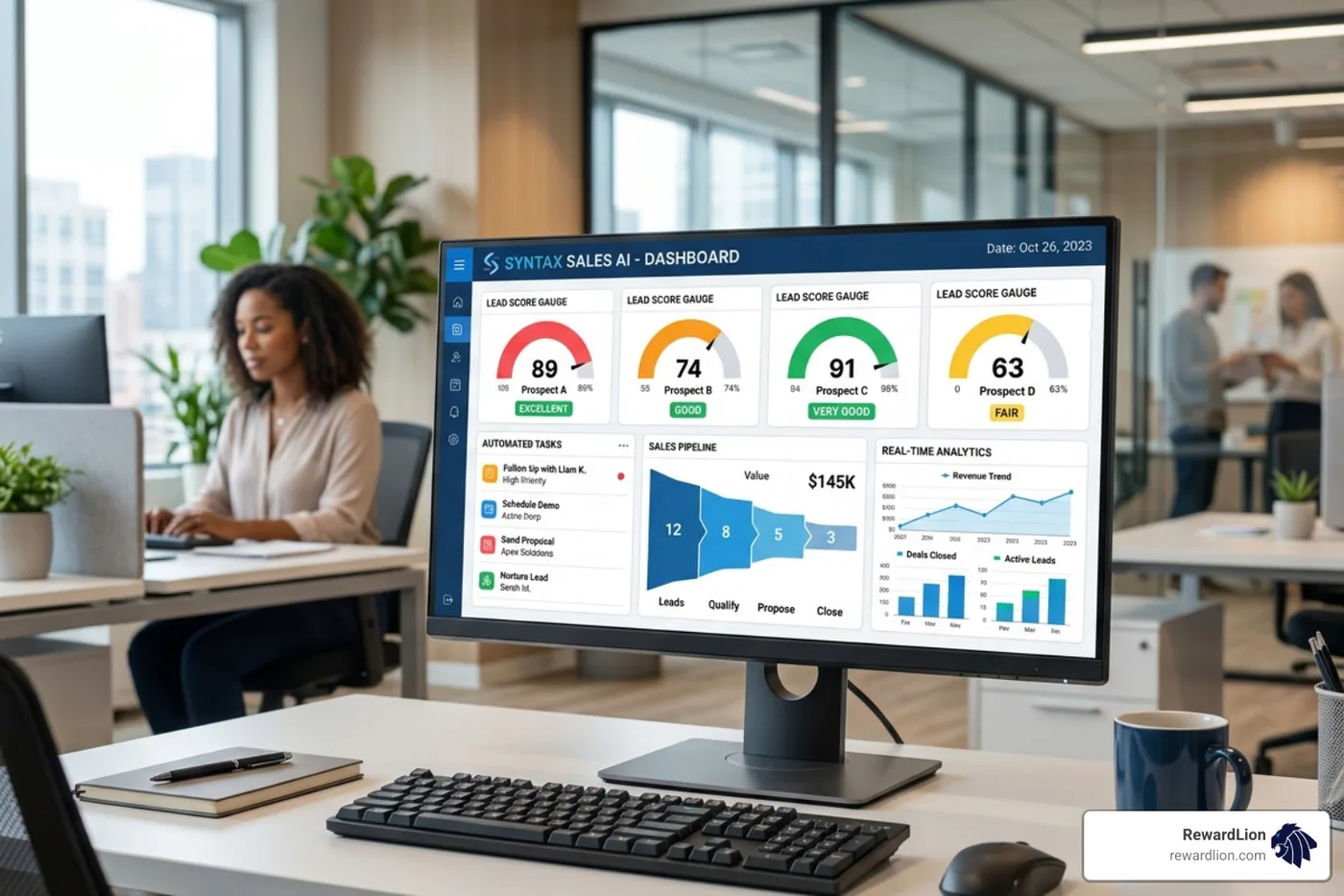 modern AI sales interface showing lead scores and automated tasks - sales automation ai tools modern AI sales interface showing lead scores and automated tasks - sales automation ai tools