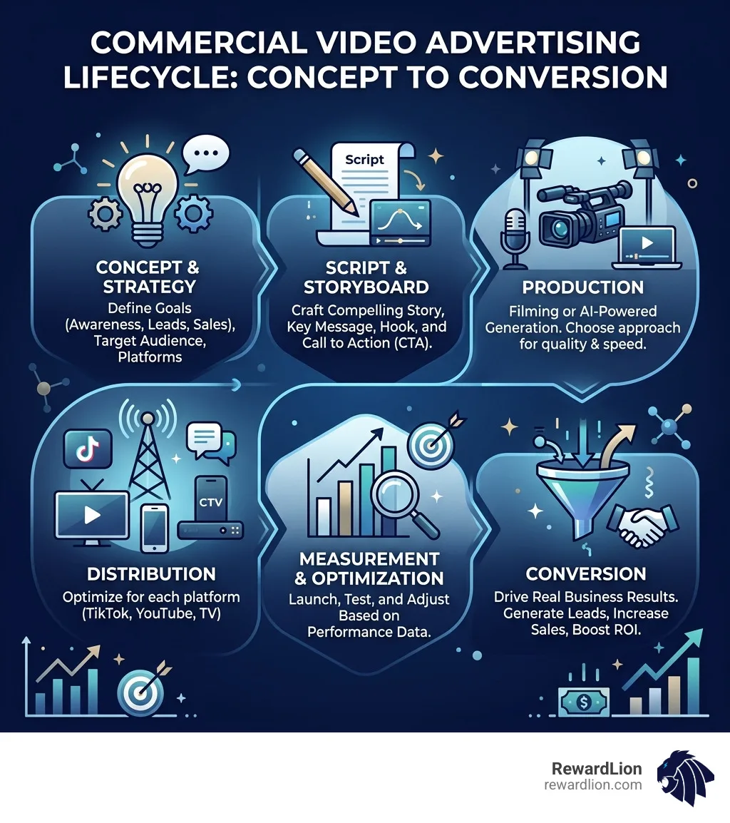 Commercial video advertising lifecycle from concept to conversion infographic - commercial video advertising infographic Commercial video advertising lifecycle from concept to conversion infographic - commercial video advertising infographic
