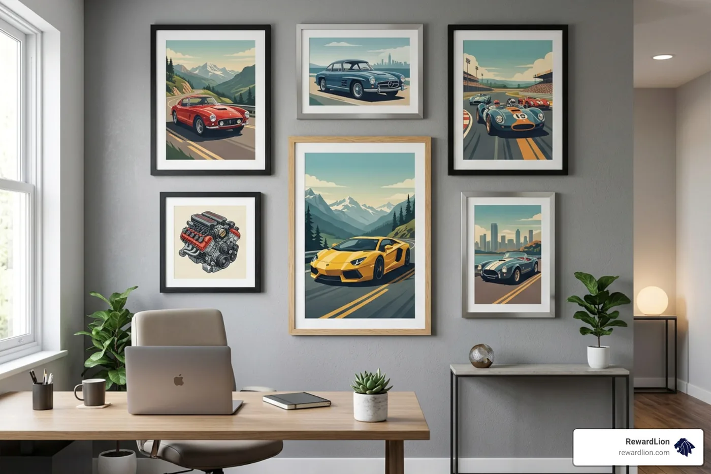Custom framed automotive advertisement posters hung neatly on a modern office wall decor setup Custom framed automotive advertisement posters hung neatly on a modern office wall decor setup