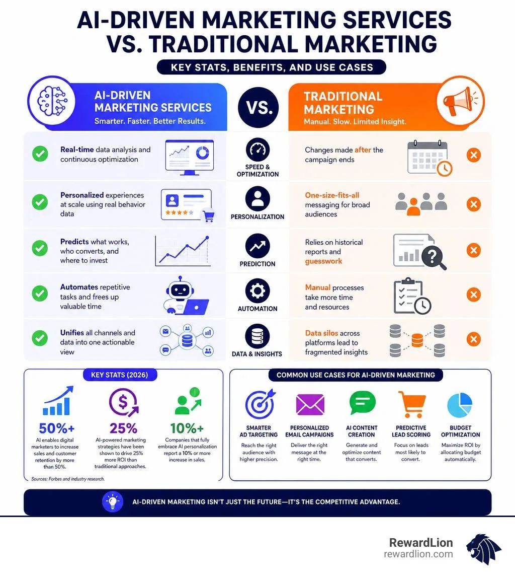 AI-driven marketing services vs traditional marketing: key stats, benefits, and use cases infographic AI-driven marketing services vs traditional marketing: key stats, benefits, and use cases infographic