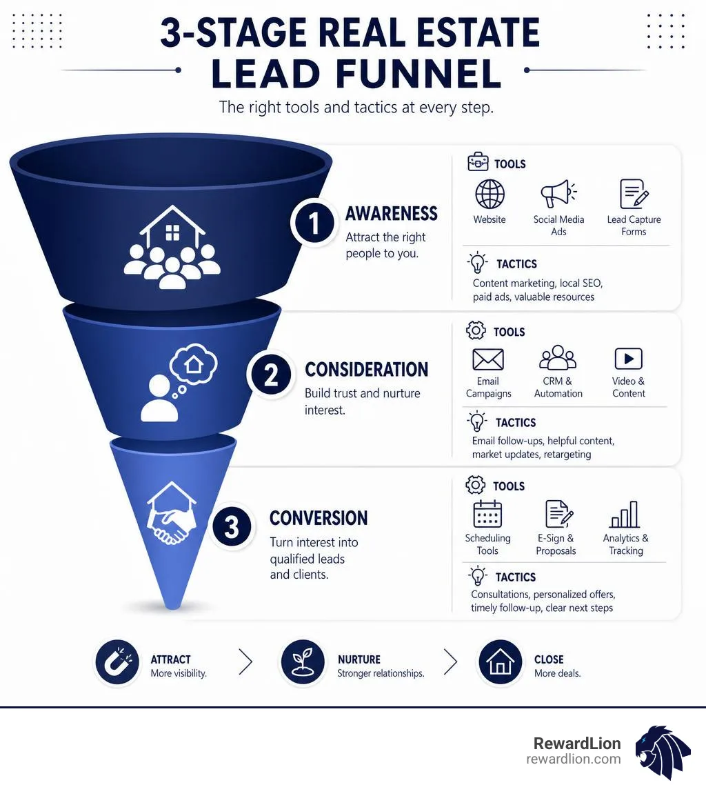 3-stage real estate lead funnel: Awareness, Consideration, Conversion with tools and tactics at each stage infographic 3-stage real estate lead funnel: Awareness, Consideration, Conversion with tools and tactics at each stage infographic