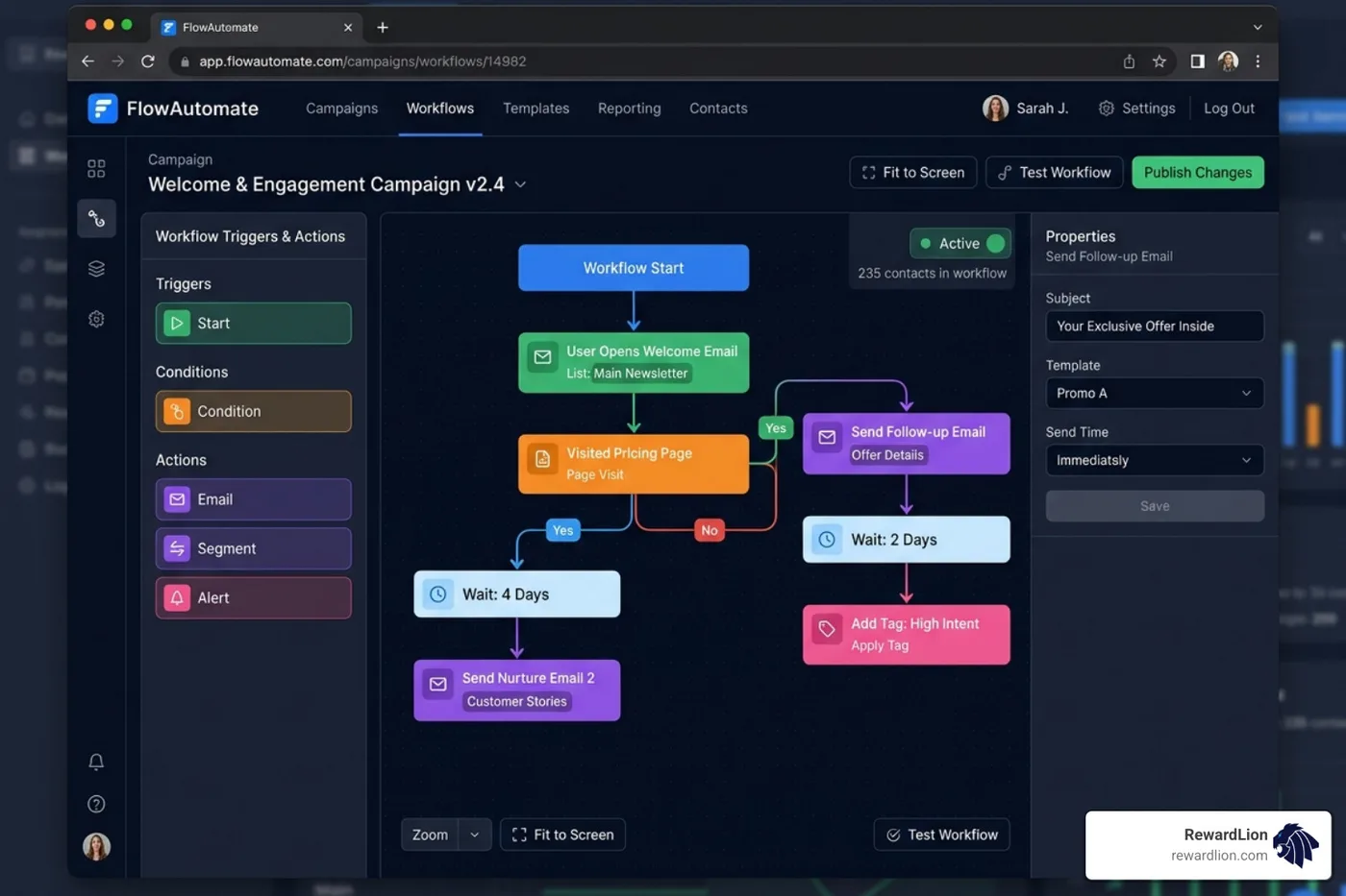 Drag-and-drop workflow builder interface showing behavioral triggers - digital marketing automation software Drag-and-drop workflow builder interface showing behavioral triggers - digital marketing automation software