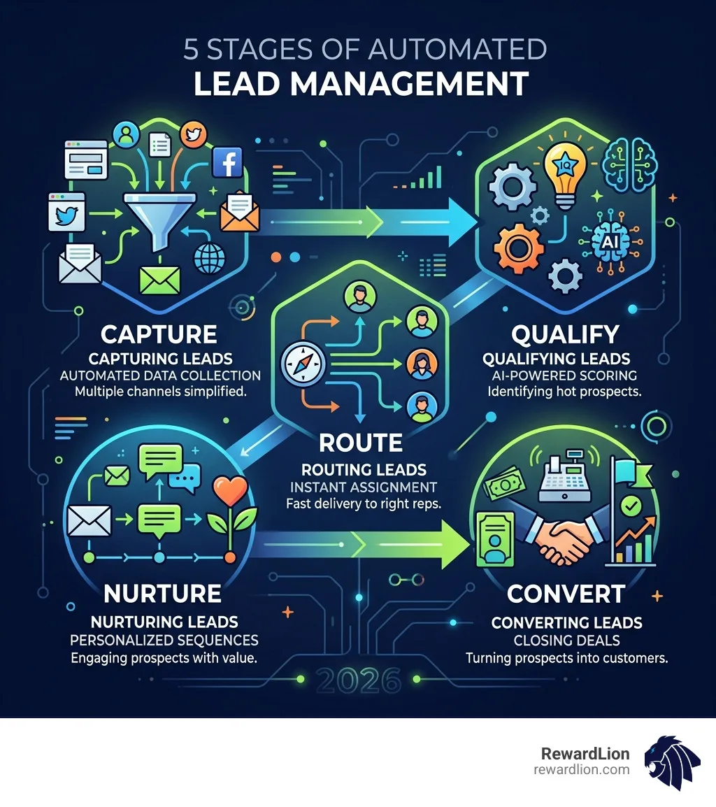5 stages of automated lead management: capture, qualify, route, nurture, convert - lead automation software infographic 5 stages of automated lead management: capture, qualify, route, nurture, convert - lead automation software infographic